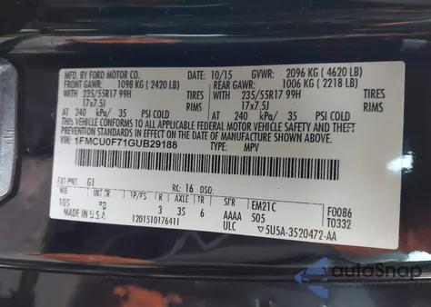 2016 Ford Escape S z USA, uszkodzony, nr VIN 1FMCU0F71GUB29188